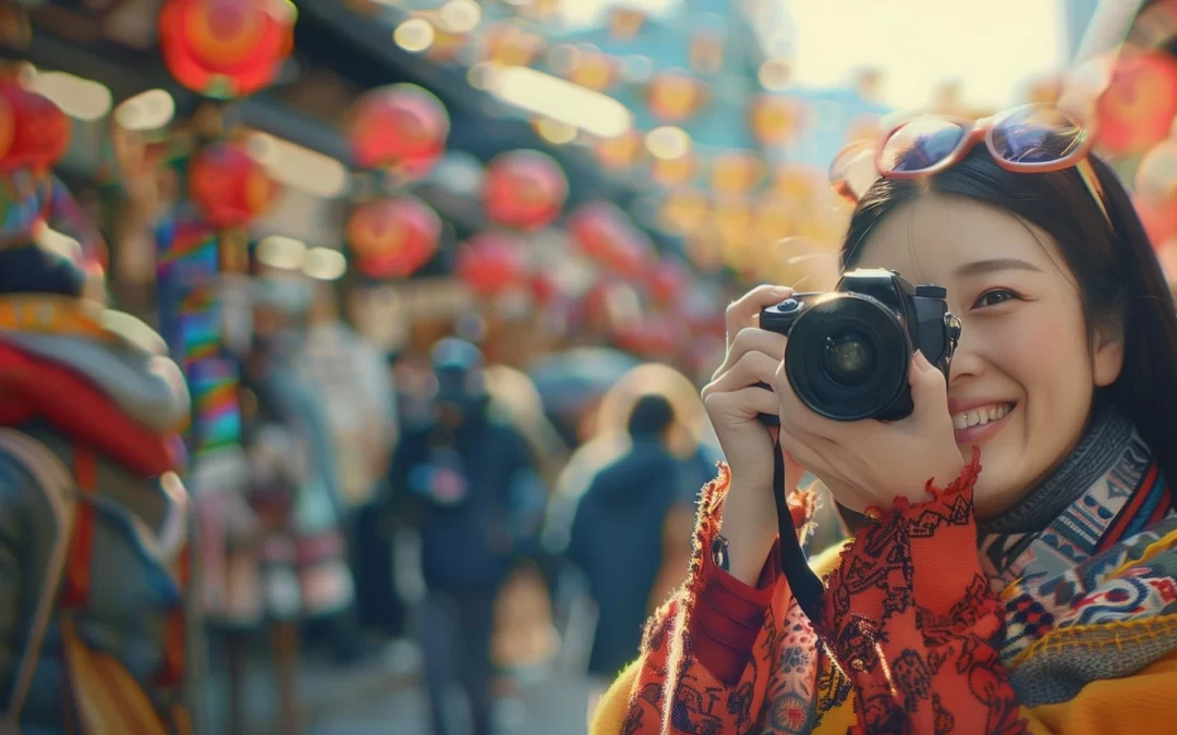 Woman taking a photo in a festive market, reflecting China 2026 Holiday Spending Trends.