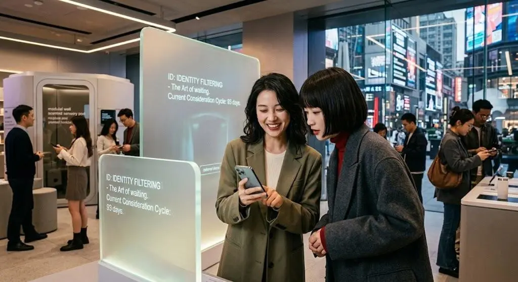 Two women in a futuristic store view China’s 2026 Consumer Trends on a digital display and phone.